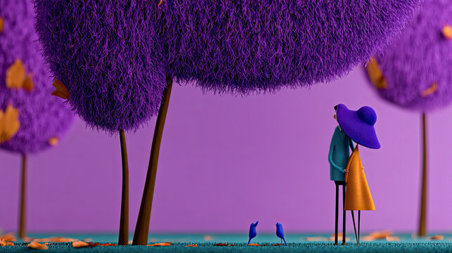 Verliebtes Paar in einer herbstlichen Fantasiewelt mit weicher Woll- und Filzoptik, bunten B&auml;umen, Regen und Regenschirm in kr&auml;ftigen Violett-, Blau- und Oranget&ouml;nen.