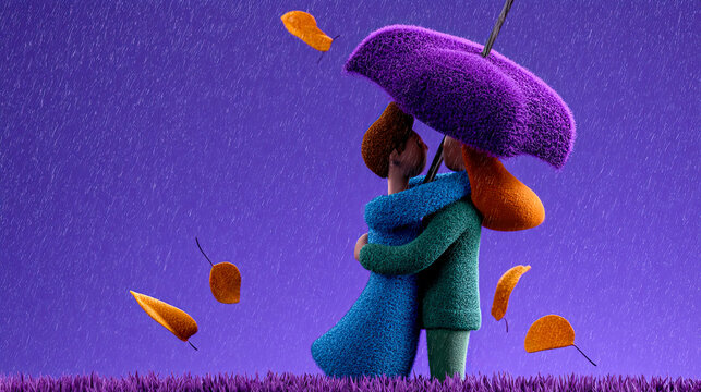 Verliebtes Paar in einer herbstlichen Fantasiewelt mit weicher Woll- und Filzoptik, bunten B&auml;umen, Regen und Regenschirm in kr&auml;ftigen Violett-, Blau- und Oranget&ouml;nen.