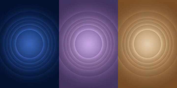 Three vertical panels featuring concentric circular ripples in blue, purple, and bronze tones
