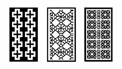 Fototapeta premium Three black and white rectangular panels display geometric ornamentation with repeating patterns on a white background abstract
