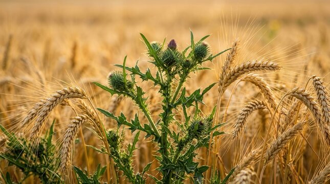 Green thorny tares growing among mature wheat stalks in a harvest field