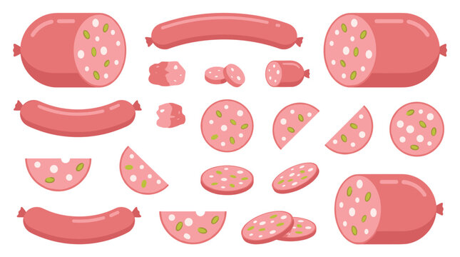 Set of assorted sausage and salami slices, luncheon meat with fat chunks, delicious snack food ingredients, flat vector illustration