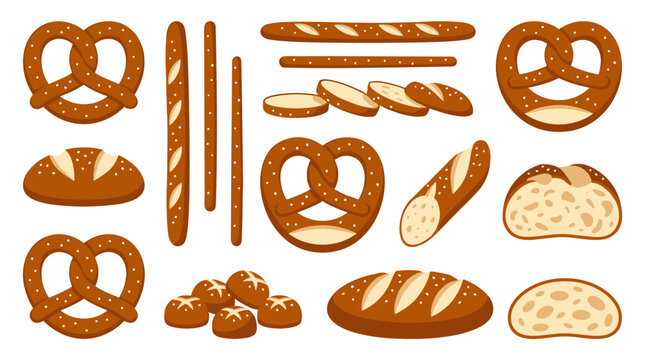 Set of fresh bread and pretzel illustrations, diverse bakery products, crusty rolls and baguette slices, traditional snack variety for menu design