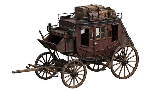 A Detailed Traditional Wooden Stagecoach with Luggage Isolated on a Clean White Background View