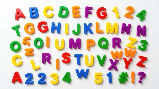 Bright letter magnets arranged on a white surface