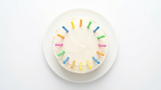 Top view of an anniversary cake with assorted colorful candles on a white background.