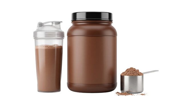 Chocolate whey protein powder jar with shaker bottle. Brown plastic supplement container, protein shake and scoop on white background.