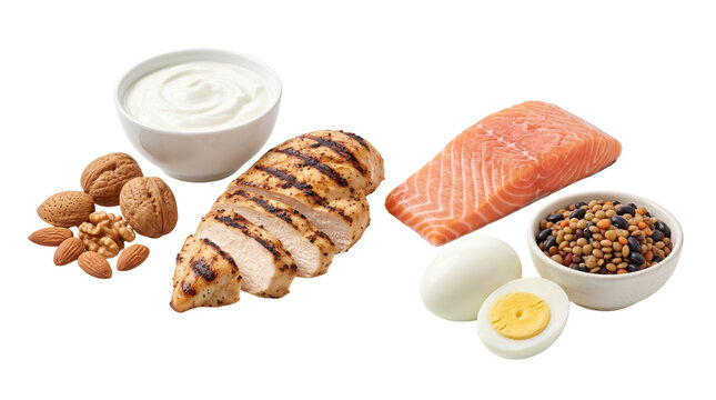 High protein food collection on white background, grilled chicken breast and salmon fillet, healthy keto diet ingredients with eggs and nuts
