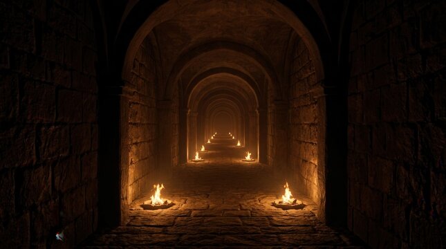 Endless medieval catacombs with shadowy passageways illuminated by firelight