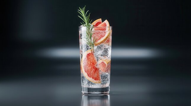 Sparkling hard seltzer drink with grapefruit slices and rosemary garnish