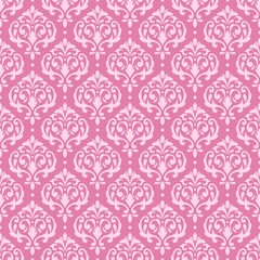 Pink damask seamless pattern background with elegant vintage floral ornamental wallpaper. © Lisma Seftiawati