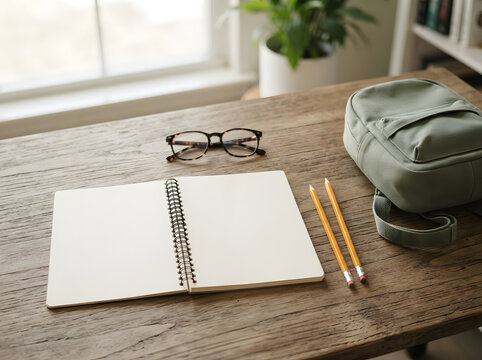 Open notebook with pencils and glasses on wooden desk in natural light minimalist study setup