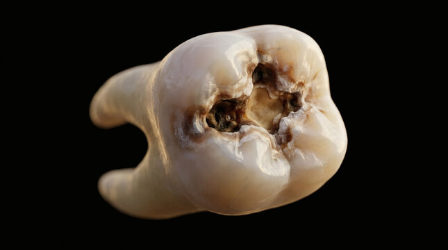 Realistic macro view of human tooth decay and cavity on black background