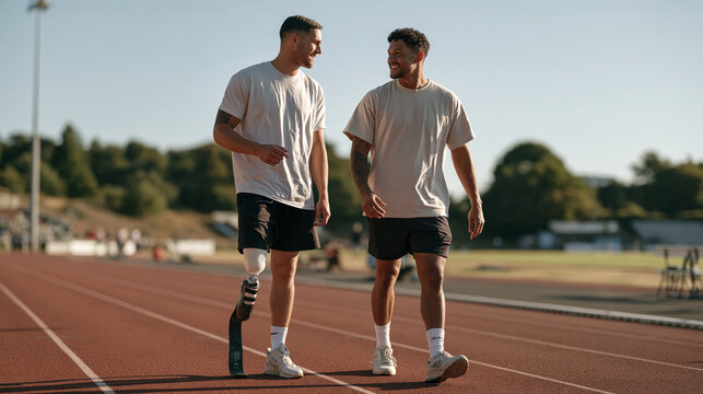 Two young men one with a prosthetic running blade and one in standard trainers walking together side by side on an athletics track, natural easy friendship posture, inclusion and