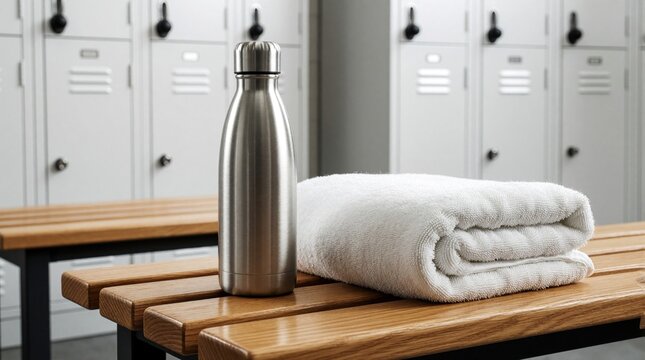 Metal water bottle and clean white towel on wooden bench in gym locker room. Sports equipment ready for workout session. White lockers in background. Healthy lifestyle.