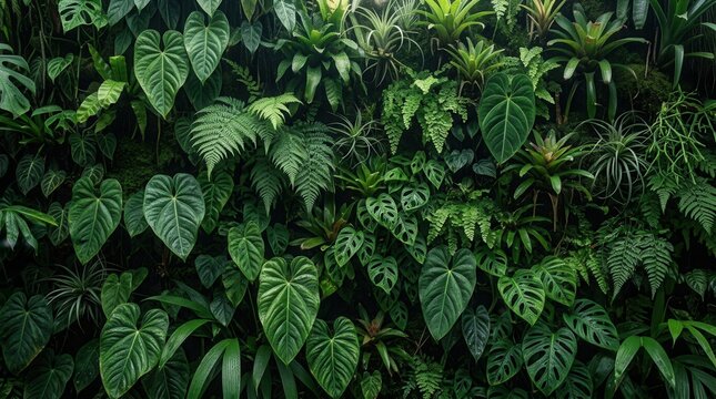Beautiful green plant wall design in a cloud forest with dark green plants and lush foliage.
