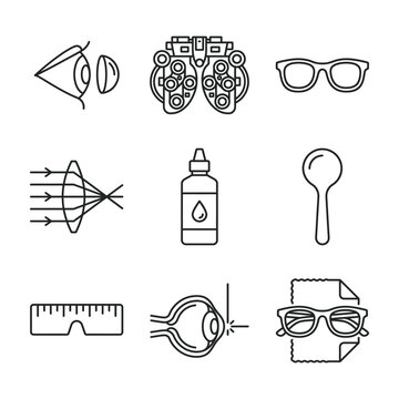 Ophthalmology and vision care diagnostic equipment icons with eye exam optical tools eye health