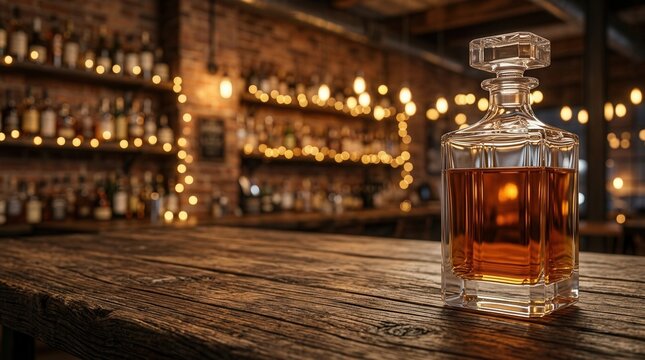 A bottle of liquor placed on a wooden table in a creative loft bar with a bokeh background.