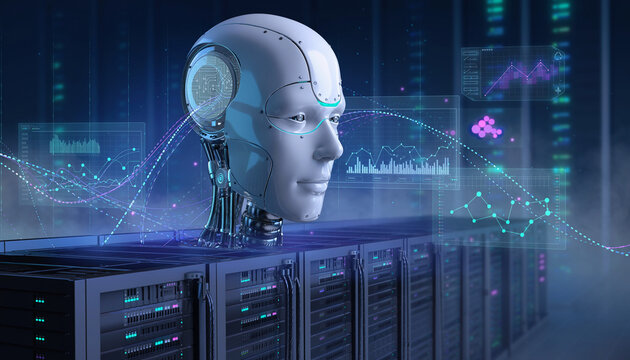Futuristic artificial intelligence robot head standing on top of server racks with digital data visualization interfaces and holographic networks.