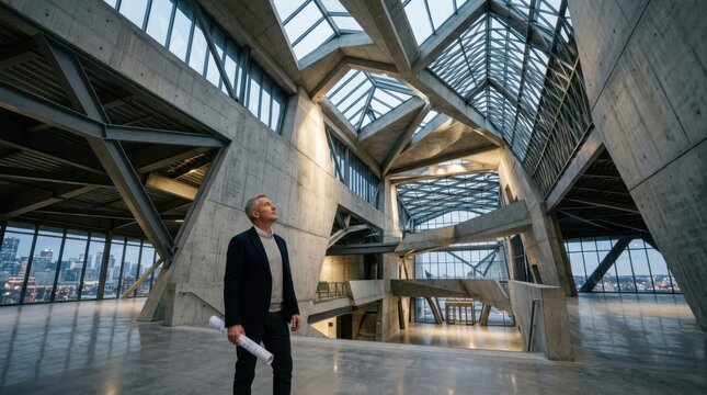 Professional architect inspecting the massive concrete structure and modern interior design of a large commercial building.
