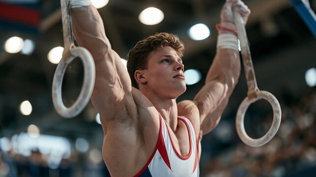 Czech gymnast on still rings holding iron cross position under gymnasium spotlights, muscles trembling visibly, artistic gymnastics competition, strength hold, male gymnastics