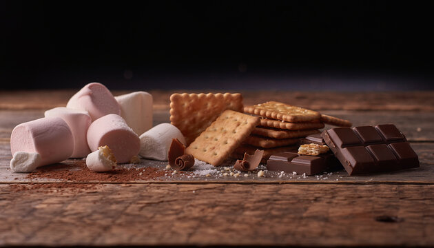 A delicious arrangement of marshmallows graham crackers and dark chocolate bars prepared for making traditional campfire sweets on rustic wood.