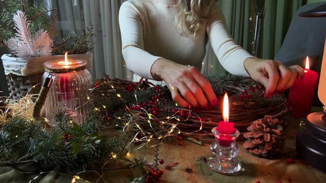 Female making handmade advent wreath during cozy winter holiday workshop