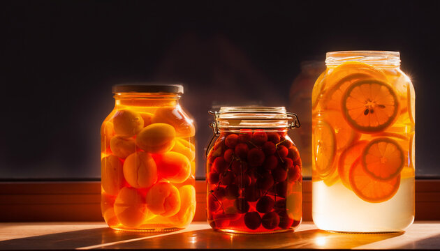 Three glass jars filled with preserved apricots cherries and lemon slices glowing in soft natural morning sunlight on a wooden surface indoors.