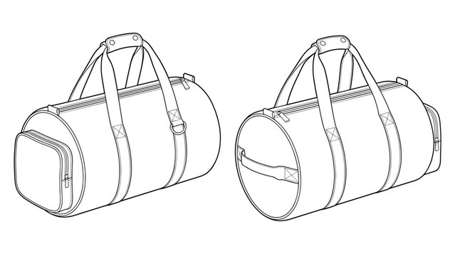 Set of Striped detail duffel bag flat sketch fashion illustration drawing template mock up, Sport duffle bag cad drawing. barrel bag flat sketch vector