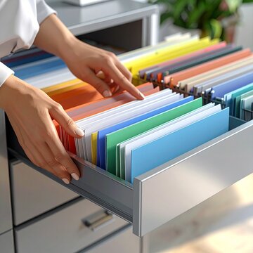 A professional office worker organizing colorful documents inside a metal filing cabinet drawer for efficient administrative business management.