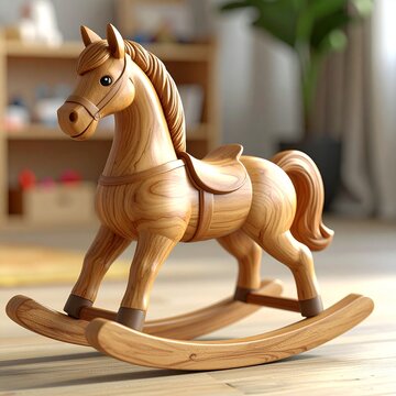 A beautiful handcrafted wooden rocking horse toy displayed in a cozy nursery room setting designed for childhood play and imaginative activity.