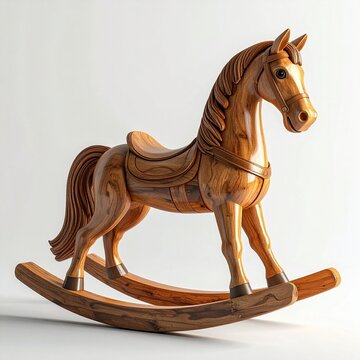 A classic handcrafted wooden rocking horse toy with elegant carved details isolated on a clean white background for nursery decor and play.