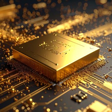 Close up view of a golden computer processor chip resting on a detailed electronic circuit board with glowing particles and depth of field effect.