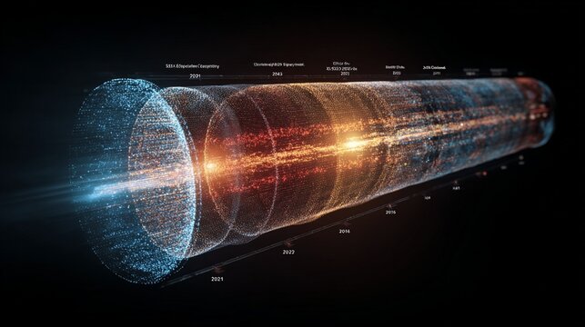 Futuristic timeline visualization illustrating expected delivery dates with a vibrant data flow, showcasing technological advancements from 2018 to 2027 in a sleek, high-tech style.