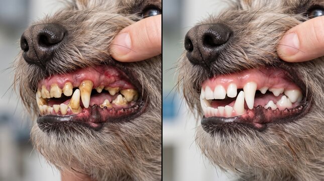 Dog teeth before and after dental cleaning tartar removal veterinary comparison