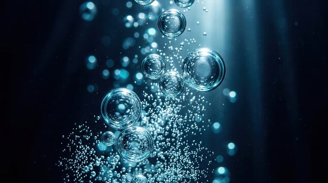 Air bubbles enriched with oxygen underwater against a dark background