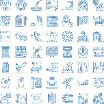 Various blue line art doodle concepts and metaphors collection, featuring diverse themes from business, technology, health, and daily life, illustrating a wide range of subjects