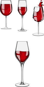 Red liquid in different styles of clear glasses, with one glass having a splash, illustrating beverage enjoyment, celebration, and elegant drinking culture