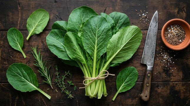 Fresh Brassica rapa subsp. leaves on wooden surface, highlighting natural health and garden vegetables