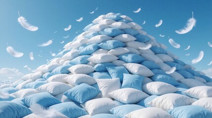 Fototapeta premium Surreal mountain made of soft white, blue pillows under clear sky. Fluffy feathers float in breeze around huge pile of cushions. Dreamy abstract concept for sleep relaxation, comfort, cozy bedding,