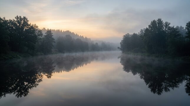 Dawn landscape with calm water river, misty fog, and quiet tree reflections
