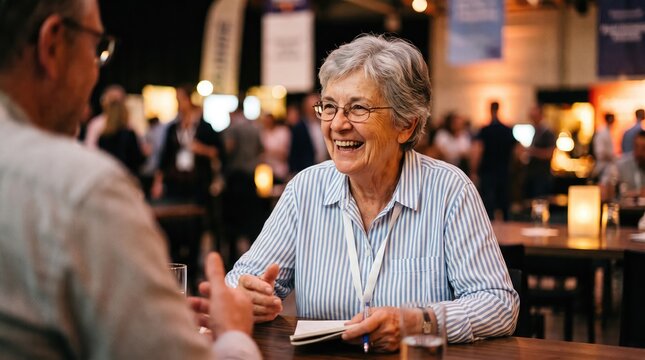 Smiling senior woman enjoys a lively conversation with a friend at an outdoor cafe