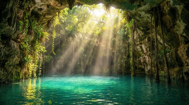 Turquoise water fills the Cuzama cenote in the Yucatan regions for recreational swimming on Earth Day.