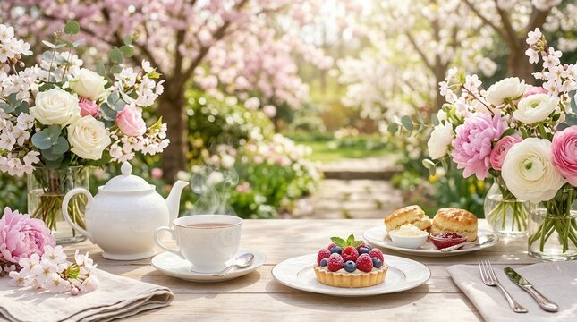 Elegant high tea setting on a garden table with floral arrangements and pastries