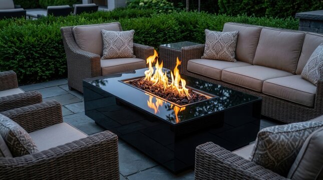 A sophisticated gas fire pit with black glass providing warmth for outdoor gatherings