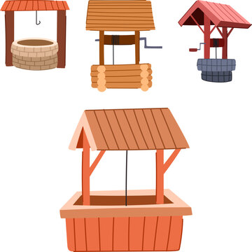 Collection of vintage and rustic outdoor water wells in stone, brick and wood, classic rural designs for drawing fresh groundwater, ideal for farm, village and sustainable themes