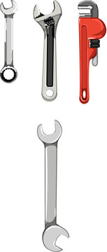 Different types of wrenches, including combination, adjustable, and pipe tools, are presented as illustrations, essential for various repair, installation, and construction tasks