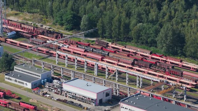 Aerial view of a railway freight train yard and industrial depot