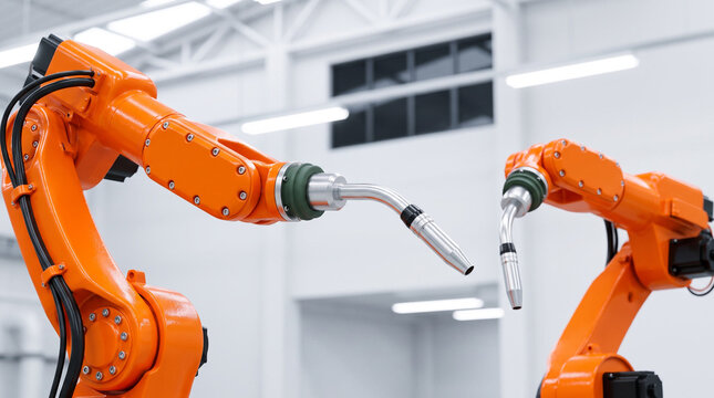 Two orange robotic welding arms fitted with silver torch nozzles stand ready in a bright modern factory