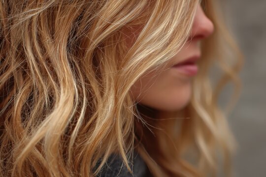Natural blonde wavy hair frames a woman's face in profile. Showcases natural beauty, hair care, and authentic lifestyle concepts.
